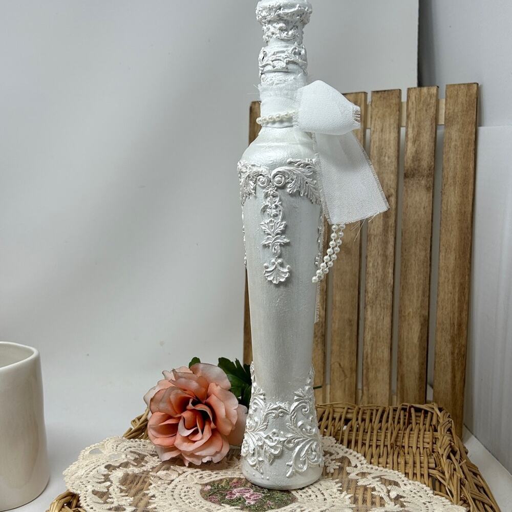 Simple & Elegant White Decorative Hand Crafted Bottle with Bow - Picture 3 of 12